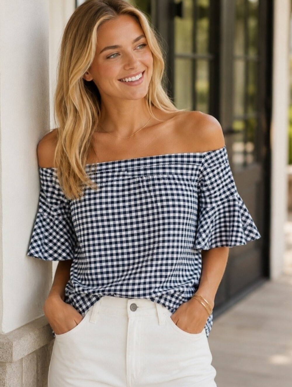 Cupio Navy Blue White Gingham Check Off Shoulder Blouse Top Size Large NEW NWT